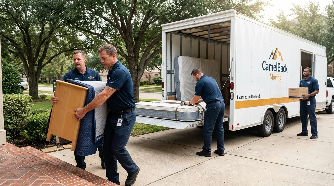Crew loading residential truck for cross-state move from Independence, IA