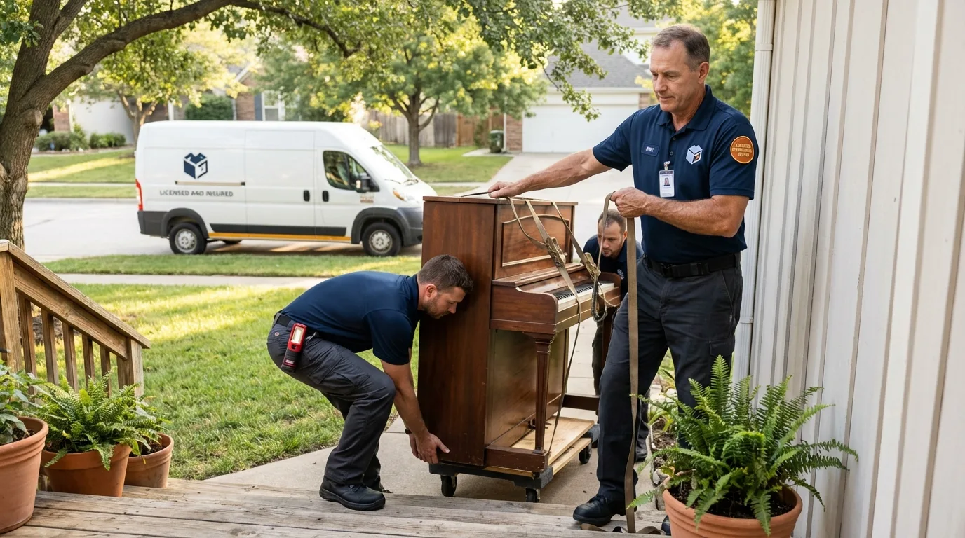 Licensed piano movers securing grand piano in Independence, IA