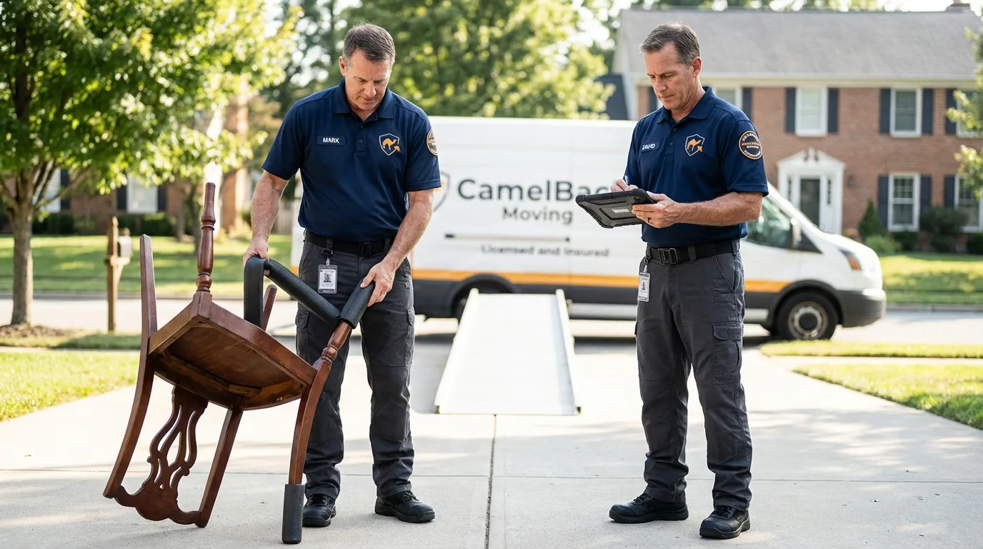 Movers inspecting furniture for damage prevention before loading in Independence, IA